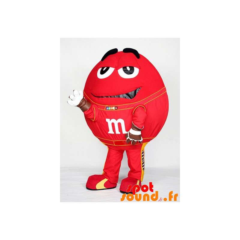 Kæmpe rød M&M maskot. Chokolade slik maskot - Spotsound maskot