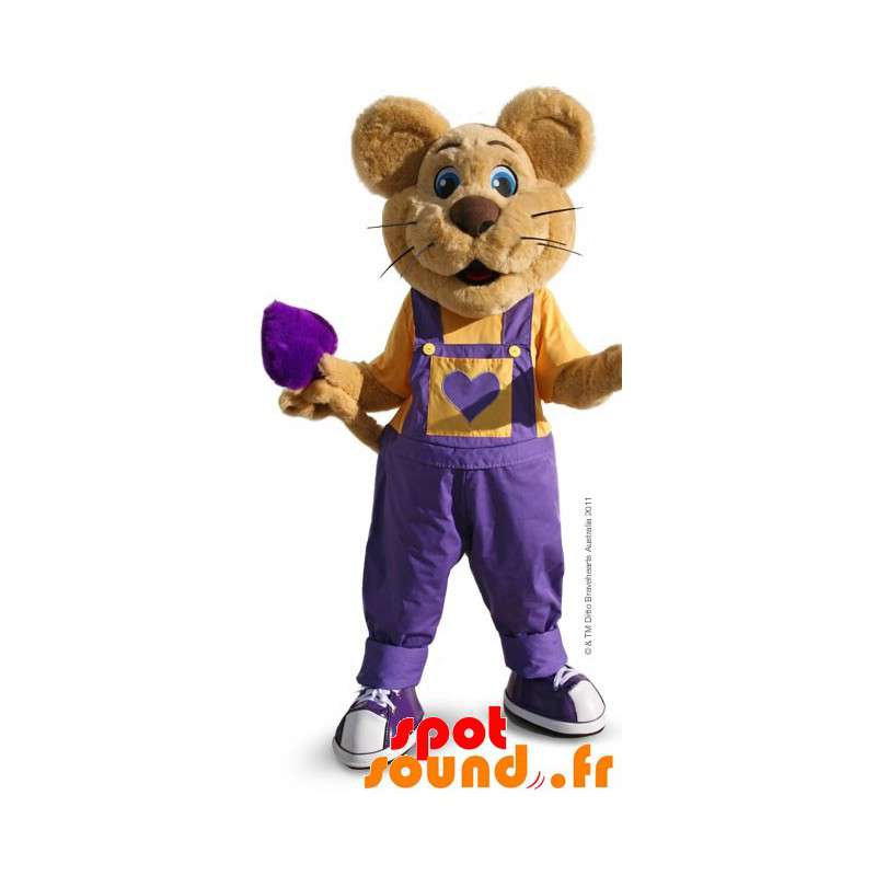 Brun musmaskot med lila overaller - Spotsound maskot