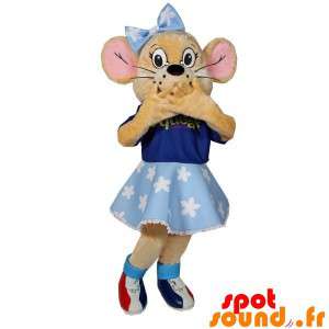 Maskot beige mus med en blå klänning och en rosett - Spotsound