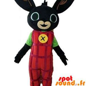 Svart kaninmaskot klädd i röd overall - Spotsound maskot