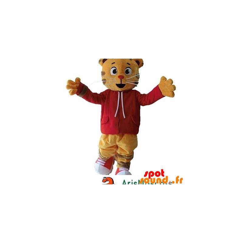 Tiger maskot, orange kat med en rød sweatshirt - Spotsound