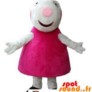 Hvid gris maskot klædt i en lyserød kjole - Spotsound maskot