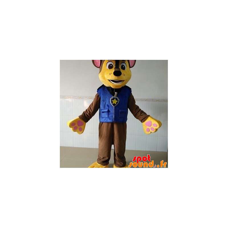 Brun och gul hundmaskot klädd som en polis - Spotsound maskot