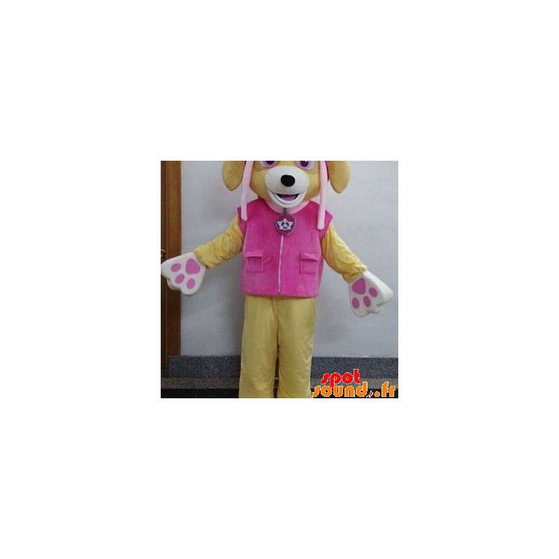 Beige hundemaskot med lyserødt tøj - Spotsound maskot