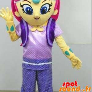 Gul pige maskot med lyserødt hår - Spotsound maskot