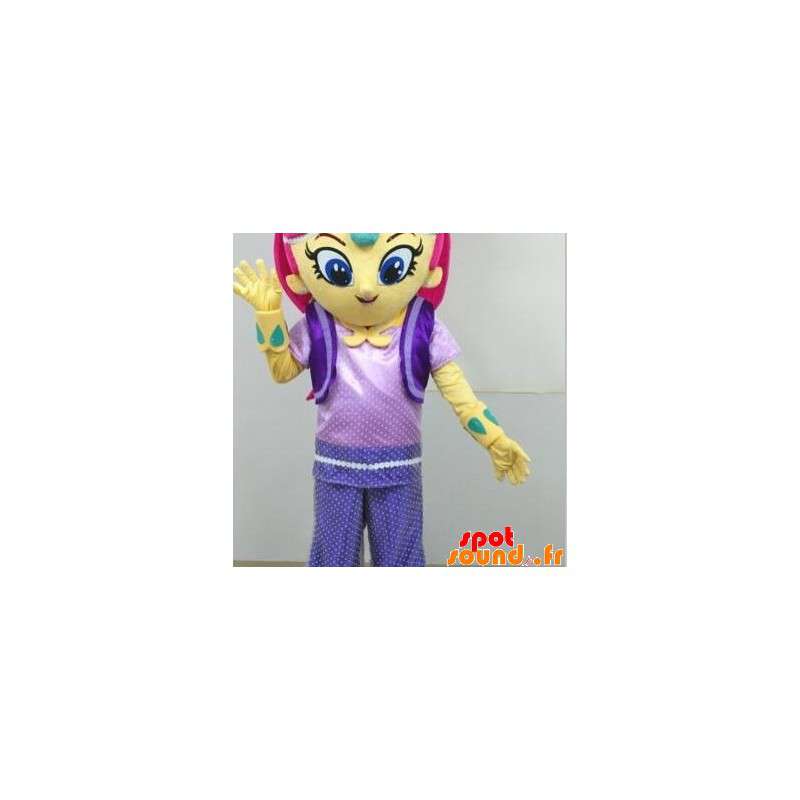 Gul flickamaskot med rosa hår - Spotsound maskot