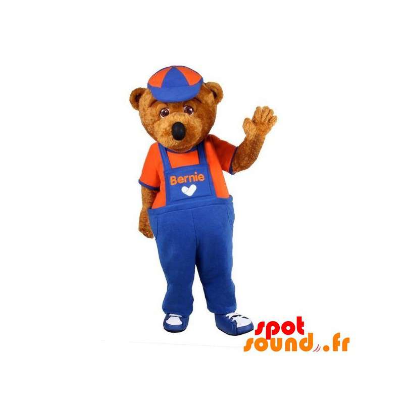 Brun nallebjörnmaskot klädd i overaller - Spotsound maskot