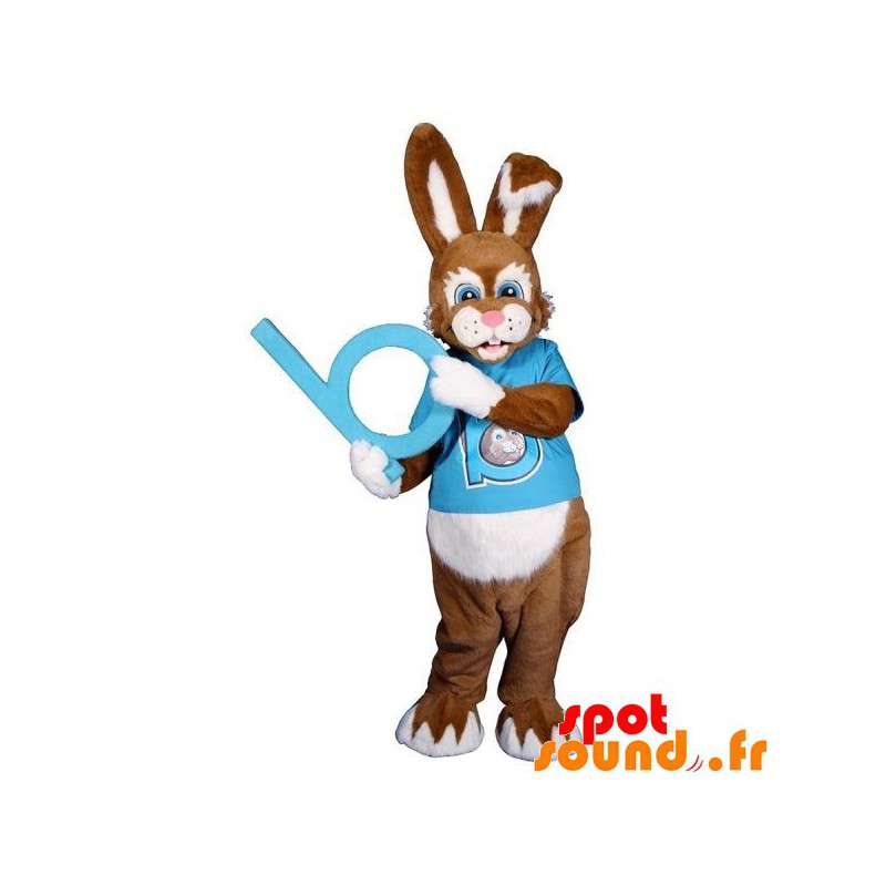 Brun og hvid kanin maskot med et blåt tøj - Spotsound maskot