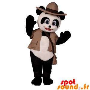 Mascot svart og hvit panda kledd eventyrer
