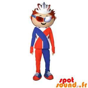 Cyklist maskot klædt i orange, blå og hvid - Spotsound maskot