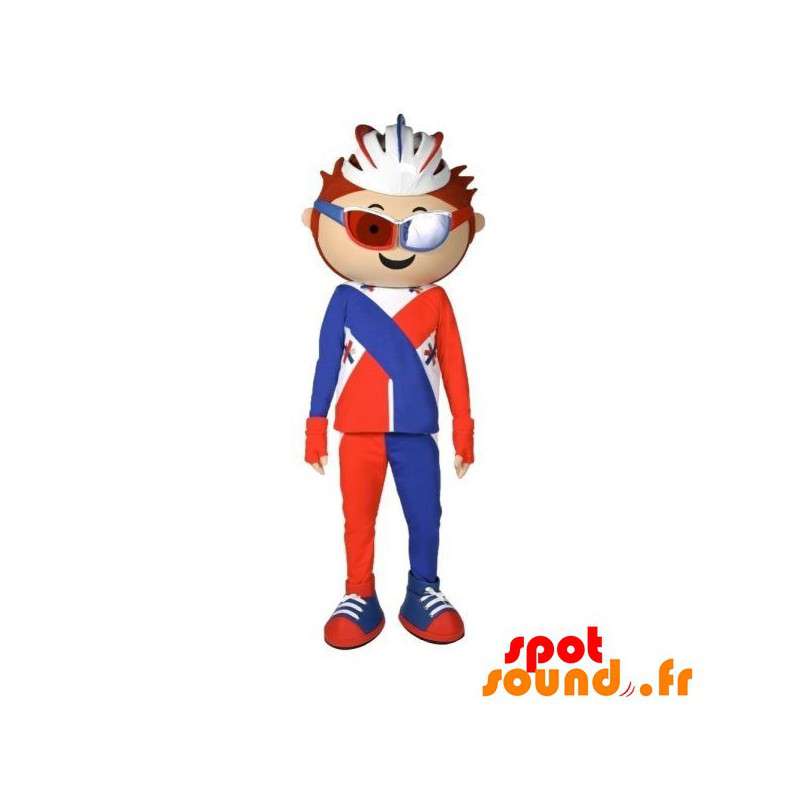 Cyklist maskot klædt i orange, blå og hvid - Spotsound maskot