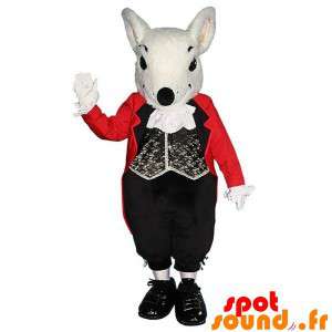Hvid rotte maskot med et elegant sort og rødt kostume -