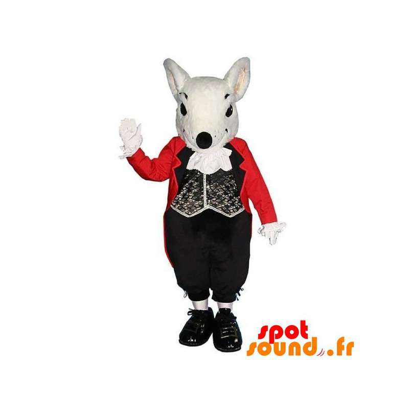 Hvid rotte maskot med et elegant sort og rødt kostume -