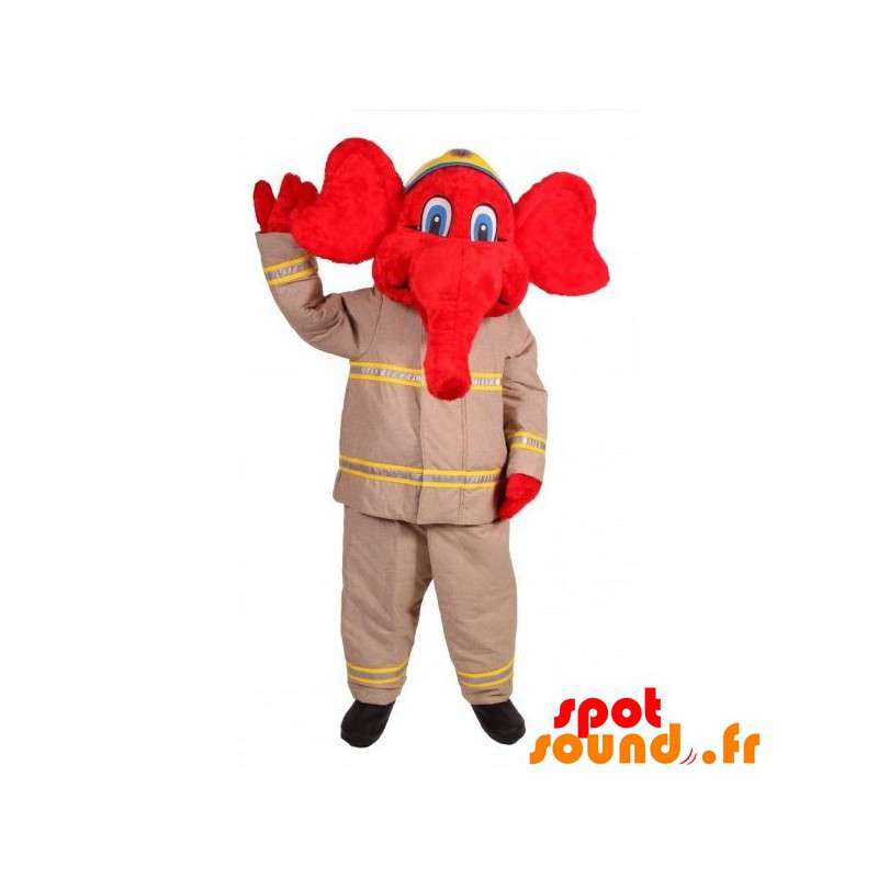 Röd elefantmaskot i brandmandräkt - Spotsound maskot