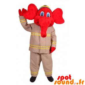 Röd elefantmaskot i brandmandräkt - Spotsound maskot