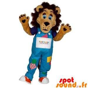 Brun lejonmaskot med färgglada overaller - Spotsound maskot