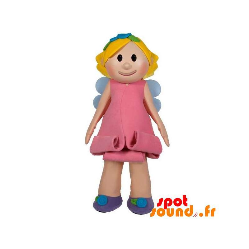 Maskotblond tjej, älva, med en rosa klänning - Spotsound maskot