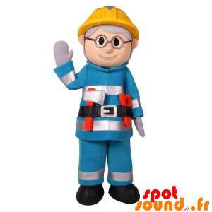 Maskottearbejder, brandmand, i blåt tøj med hjelm - Spotsound