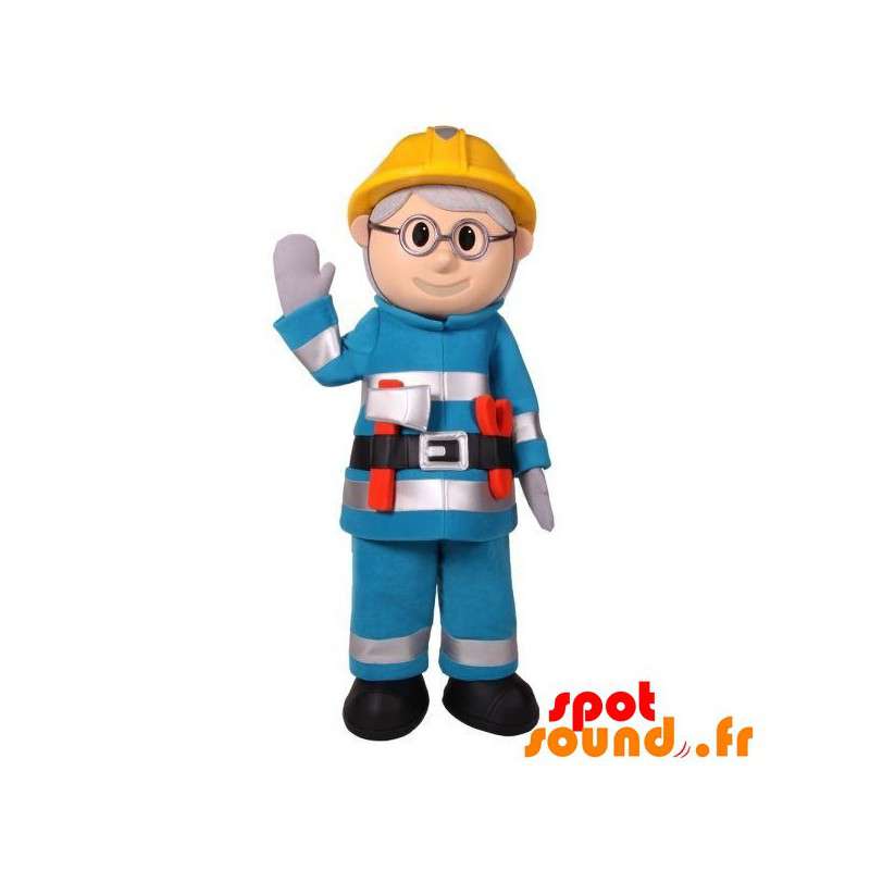 Maskottearbejder, brandmand, i blåt tøj med hjelm - Spotsound