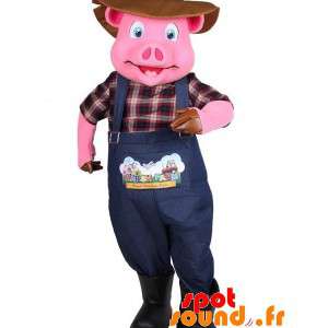 Pink gris maskot klædt som en landmand - Spotsound maskot