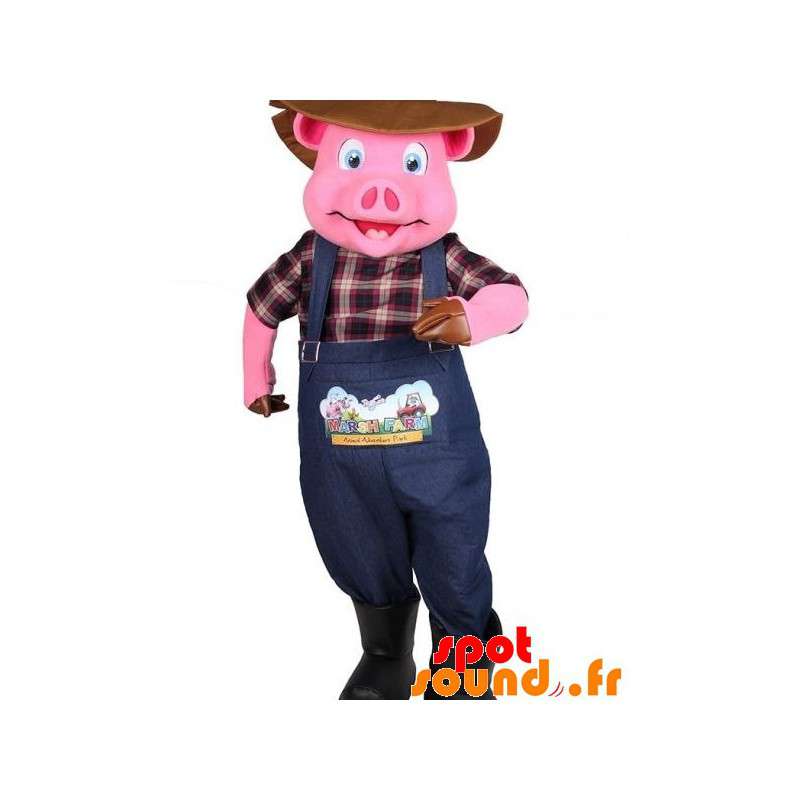 Pink gris maskot klædt som en landmand - Spotsound maskot