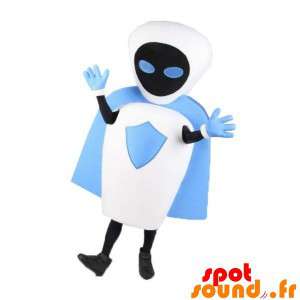 Maskot bílý robot, černé a modré s kapucí