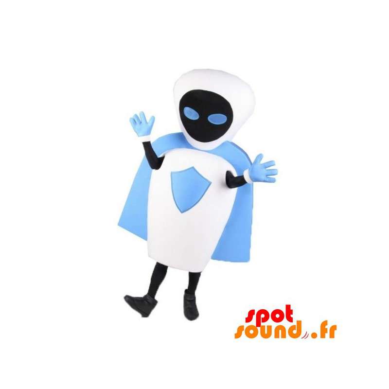 Robotmaskot vit, svart och blå med kappa - Spotsound maskot