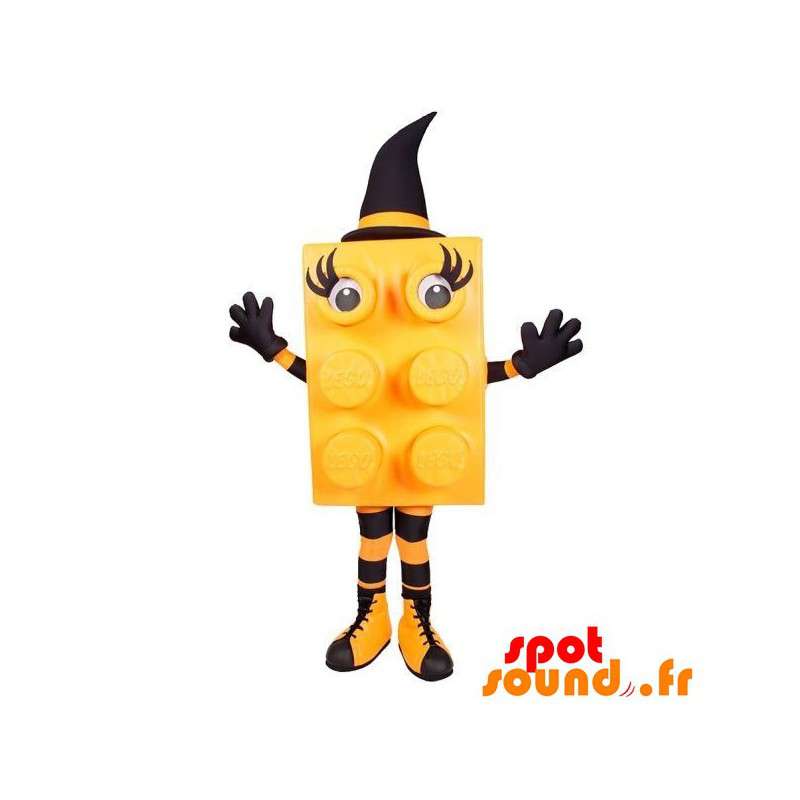 Orange og sort lego-maskot med hat - Spotsound maskot