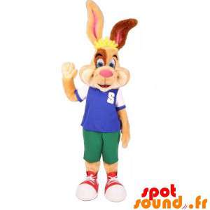 Kanin maskot beige, brun og hvid med et farverigt outfit -