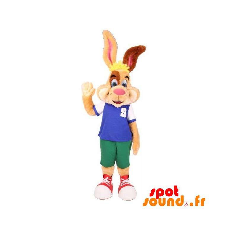 Kanin maskot beige, brun og hvid med et farverigt outfit -