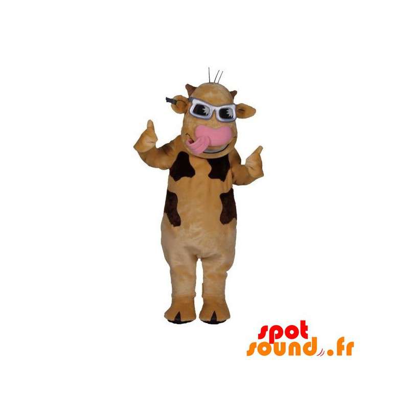 Maskot beige och brun ko med glasögon - Spotsound maskot