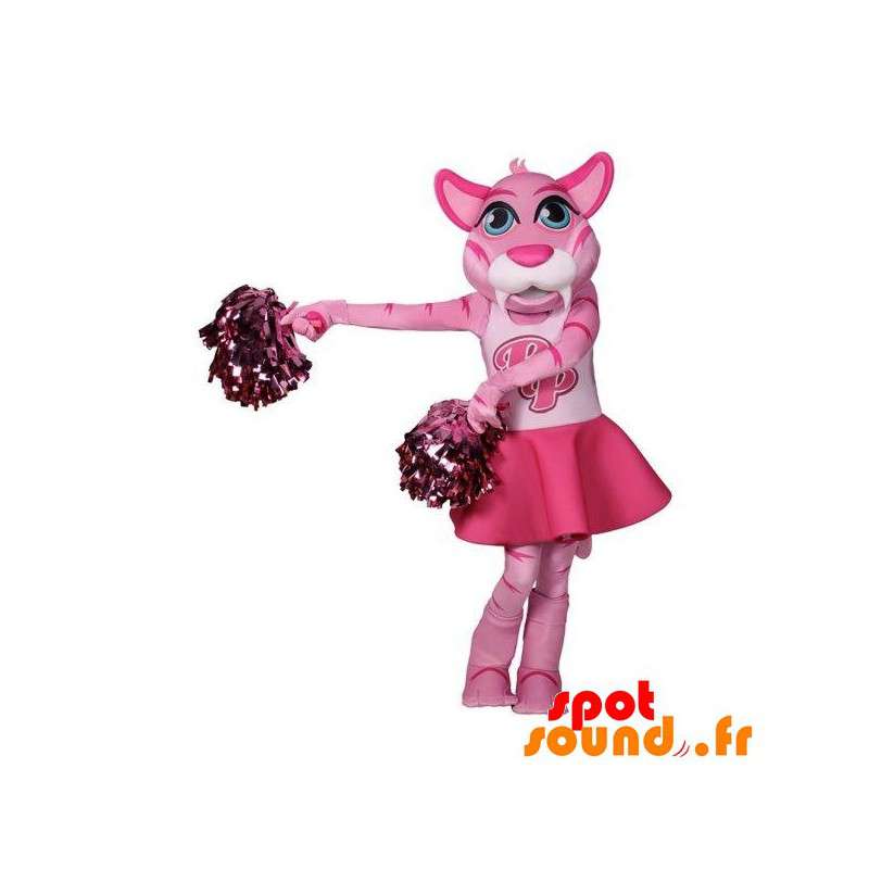 Rosa och vit kattmaskot, cheerleader - Spotsound maskot