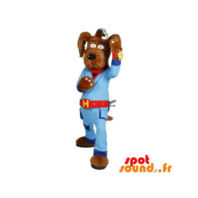 Brun hundmaskot med en blå kombination - Spotsound maskot