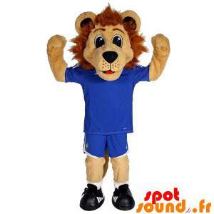 青いスポーツに身を包んだ茶色のライオンのマスコット