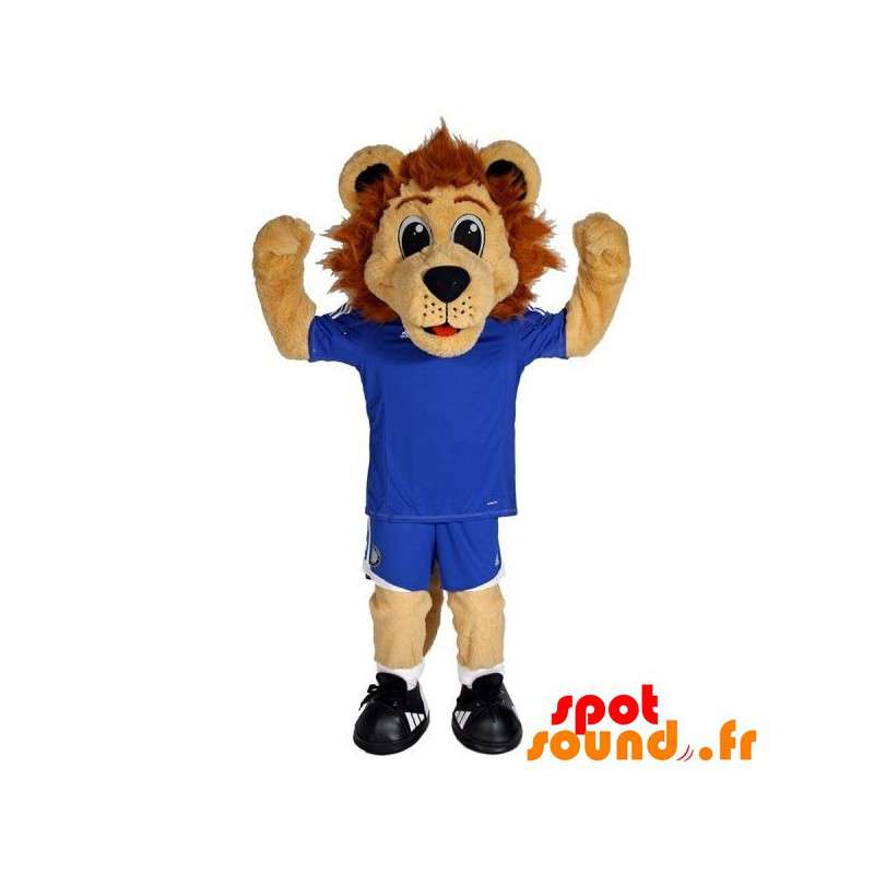 Brun lejonmaskot i blå sportkläder - Spotsound maskot