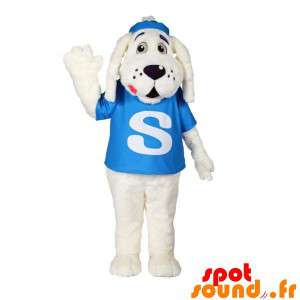 Hvid hundemaskot med en blå t-shirt - Spotsound maskot