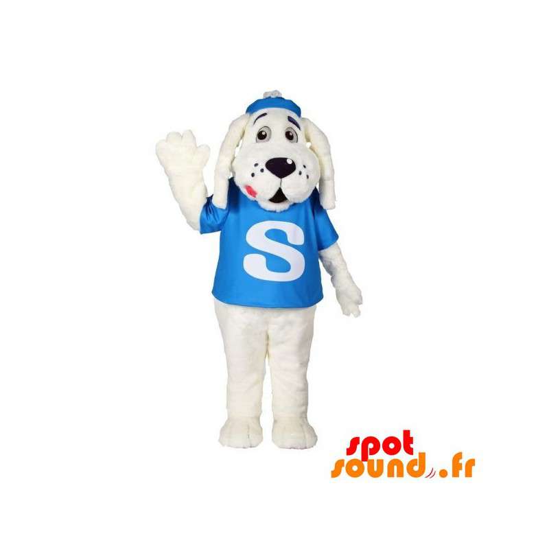 Hvid hundemaskot med en blå t-shirt - Spotsound maskot