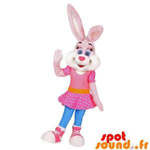 Rosa och vit kaninmaskot med en rosa klänning - Spotsound maskot