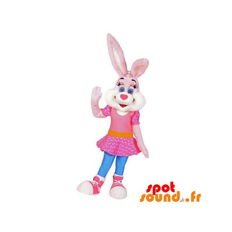 Pink og hvid kanin maskot med en lyserød kjole - Spotsound
