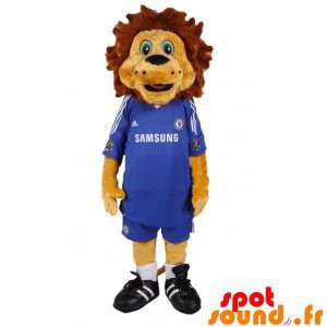 Brun lejonmaskot med en blå fotbollsdräkt - Spotsound maskot