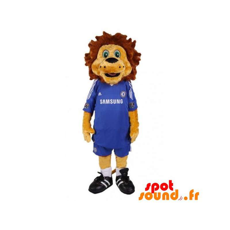 Brun lejonmaskot med en blå fotbollsdräkt - Spotsound maskot