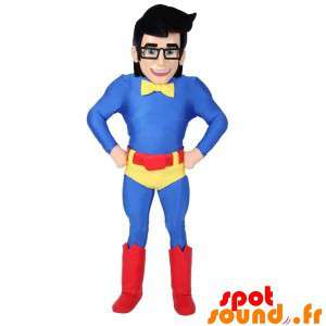 Superheltmaskot med briller og et farverigt outfit - Spotsound