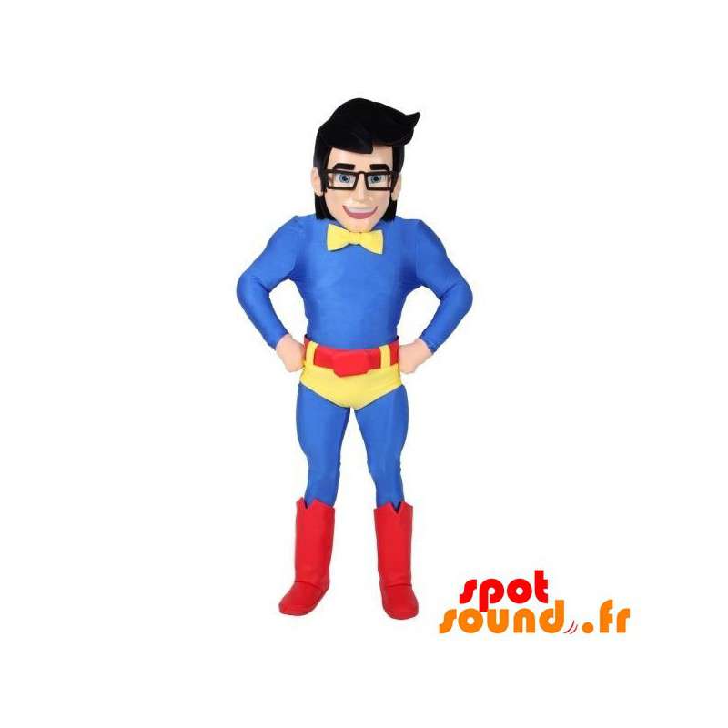 Superhjälte maskot med glasögon och en färgstark outfit -
