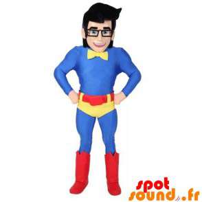Superhjälte maskot med glasögon och en färgstark outfit -