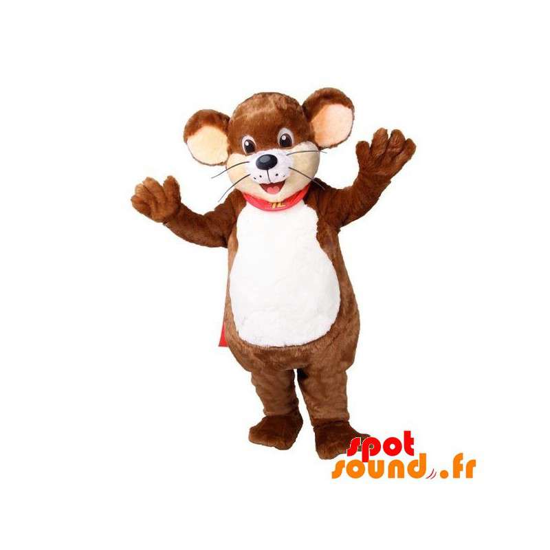 Maskot stor brun og hvid mus, sød og smilende - Spotsound maskot