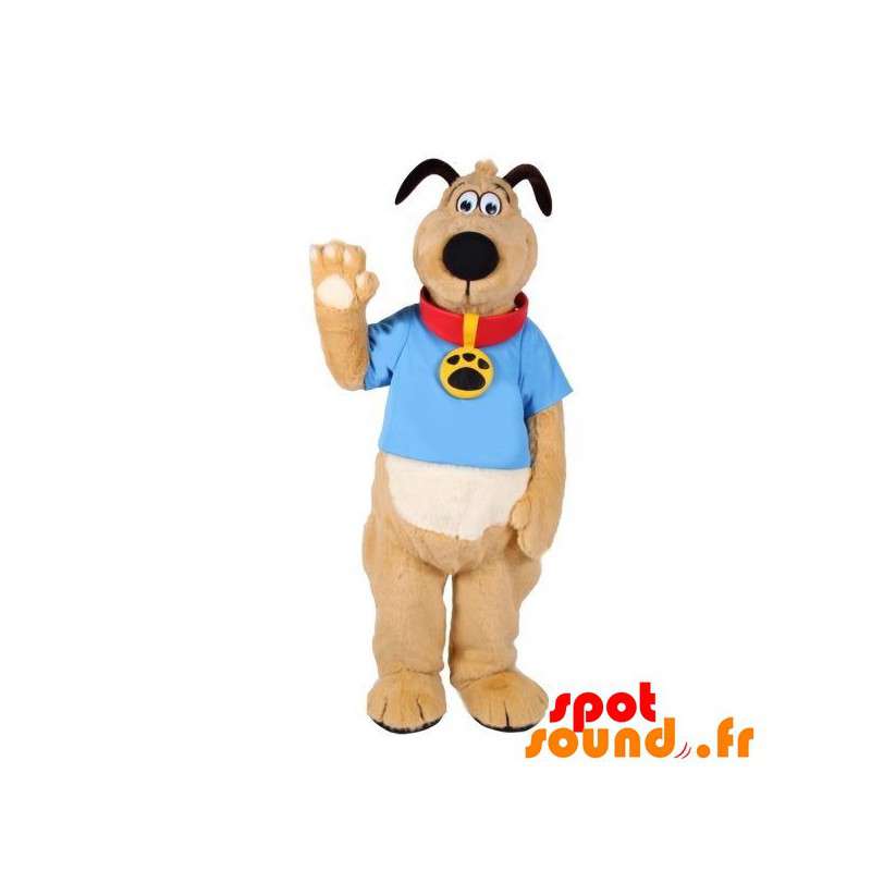 Brun och vit hundmaskot med krage - Spotsound maskot