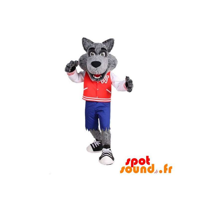 Meget realistisk grå ulvemaskot med jakke og shorts - Spotsound