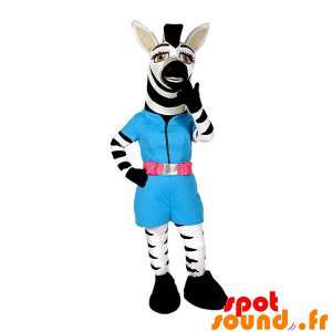 Hvid og sort zebra maskot med et blåt tøj - Spotsound maskot