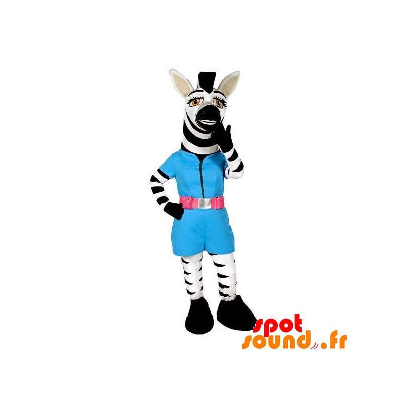 Hvid og sort zebra maskot med et blåt tøj - Spotsound maskot Hvid og sort zebra maskot med et blåt tøj - Spotsound maskot