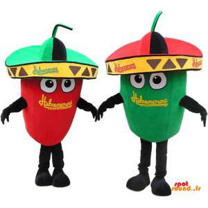 2 maskotar, en grön paprika och en röd paprika med hattar -